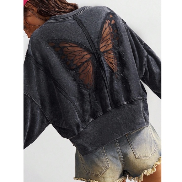 Cotton Black Butterfly Mesh Sheer Back Insert Sweatshirt - Picture 4 of 8